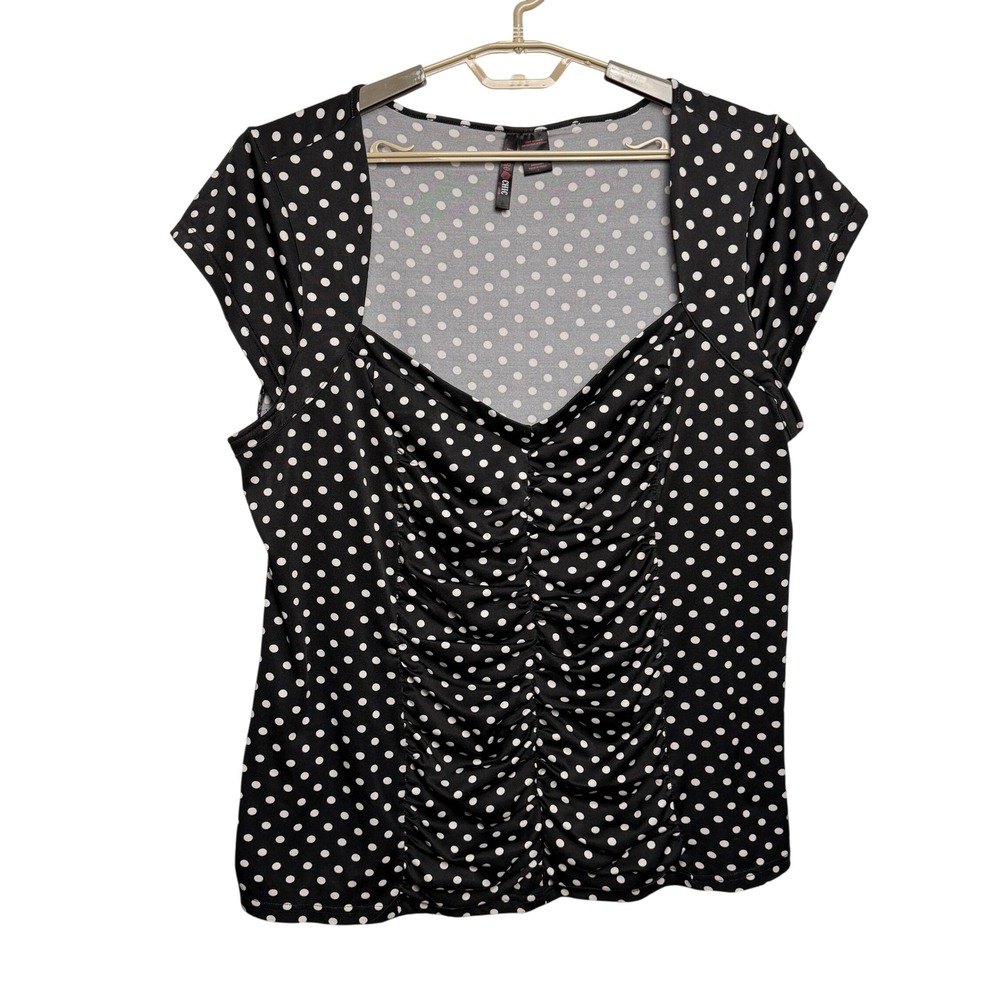 Torrid Polka Dot Ruched Top 3 Black White Sweetheart Neck Cap Sleeves Rockabilly